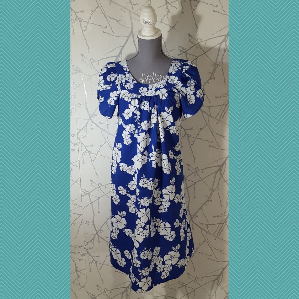 Simply Hawaiian VTG Royal Blue Floral Print Midi Babydoll Shift Dress